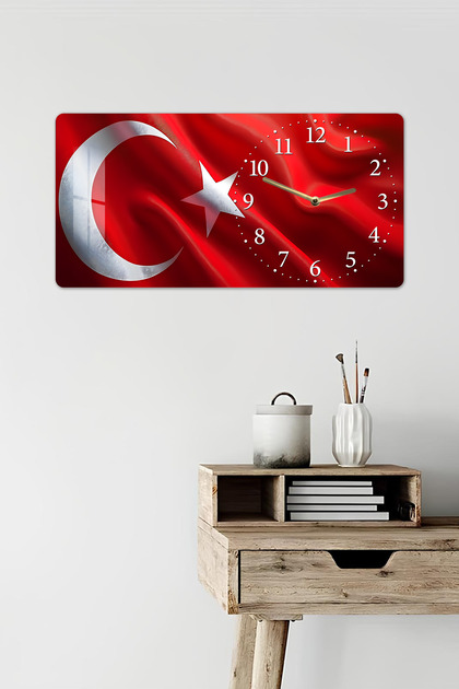 3D Görünümlü 2D UV Baskı Yatay Temperli Cam Saat Tablo – Türk Bayrağı Teması – 60x30 cm - YSG026