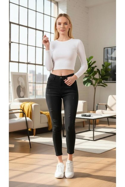 High Waist Smoked Narrow Leg Power Lycra Shaping / Sculpting Laser Ripped Detailed Super Skinny Jeans Pantalon