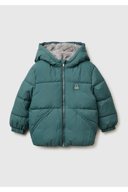 Boy's Grey-Green Zippered Jacket with Logo Patch on the Left Chest and Front Pocket Detail