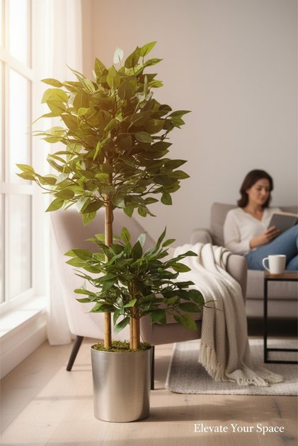Yapay Çiçek metal Saksıda Benjamin Salon Balkon Ev Ağacı Yeşil Bitkisi Bambu Gövdeli 180-140 cm