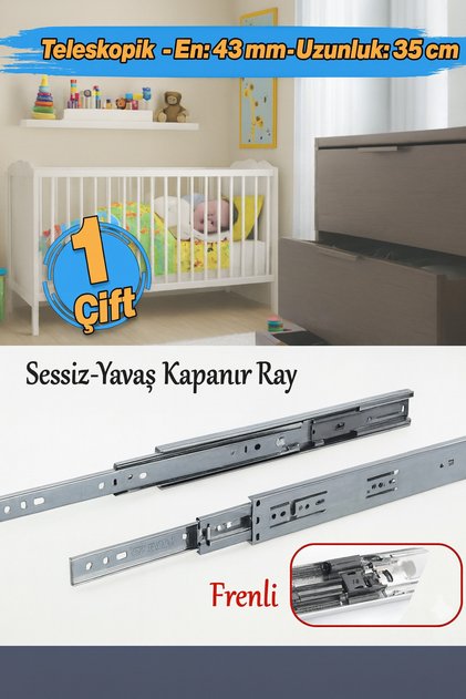 Frenli Teleskopik Çekmece Rayı Bilyalı Dolap Çekmecesi Ray Metal En 4.3 cm Uzunluk 35 cm (1 Çift )