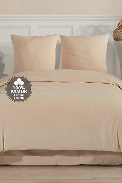 Plain 100% Cotton Flannel Double Size Fitted Sheet Duvet Cover Set
