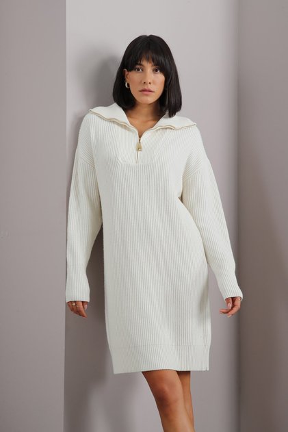 Ecru Long Sleeve Cashmere Zipper Detailed Wide Collar Women's Knitwear Dress