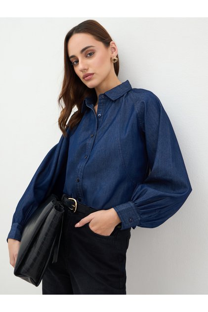 Dark Blue Balloon Sleeves Denim Blouse
