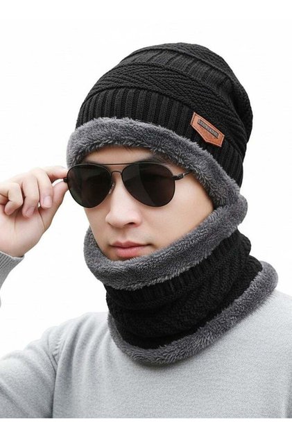 2-Piece Black Winter Thick Hat Beanie Scarf Set