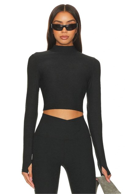 Kadın Siyah Yarım Balıkçı Yaka Parmak Geçmeli Uzun Kollu Esnek Sandy Kumaş Crop Top Body Bluz