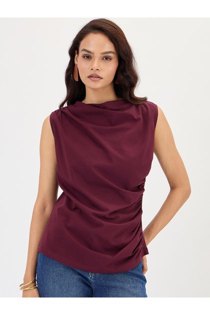 Wine Cotton Knit Ruching Detail Top