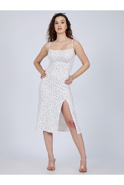 White Strappy Ditsy Print Midi Dress With Slit