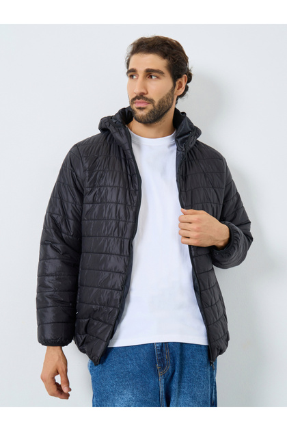 Men Black Oversized Puffer Jacket with Hood