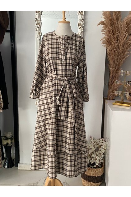Straight Neck Plaid Dress
