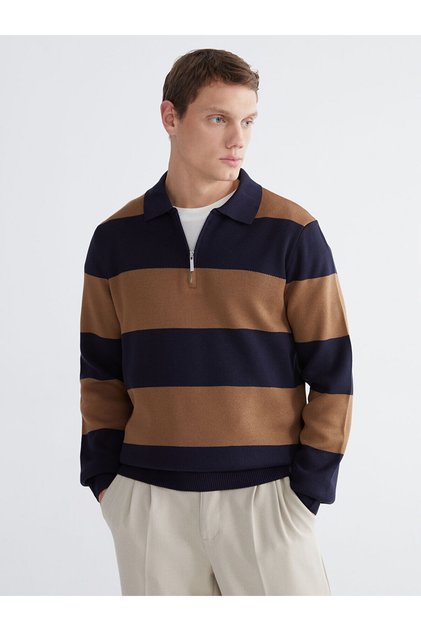 Brown polo collar striped men's knit sweater
