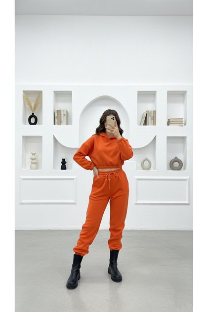 Crop Hooded Three Thread Thick Fleece Tracksuit Set