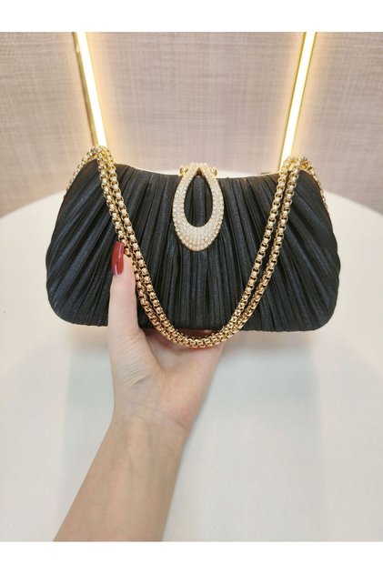 Evening Luxury Solid Color Chain Party Handbag for Women(Black)