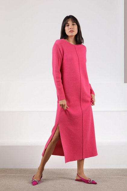 Fuchsia Yandan Slit Midi Length Crew Neck Cashmere Women's Knitwear Dress