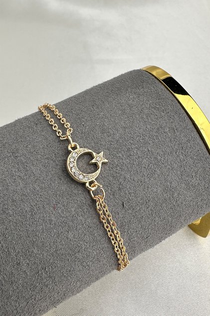 Crystal Stone Embroidered Minimal Moon Star Bracelet (17+5cm)