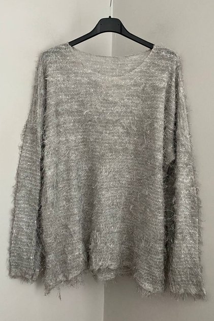 Women's Italian Gray V-Neck Plain Patterned Sequin Detailed Oversized Beard Blouse Sweater