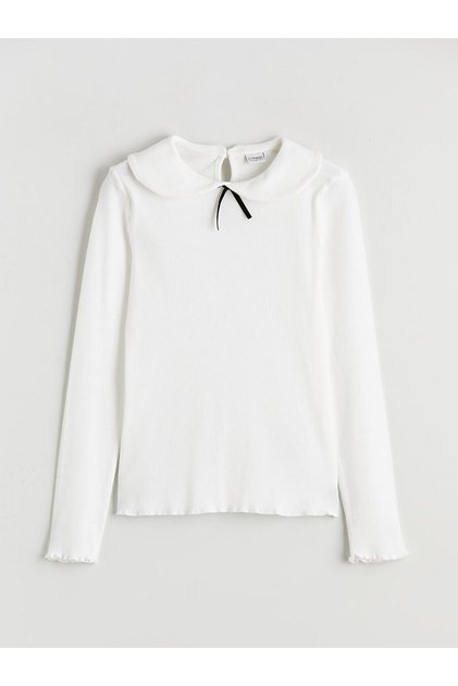 Özmarka New Season Peter Pan collar Girls' T-Shirt with Bow Detail