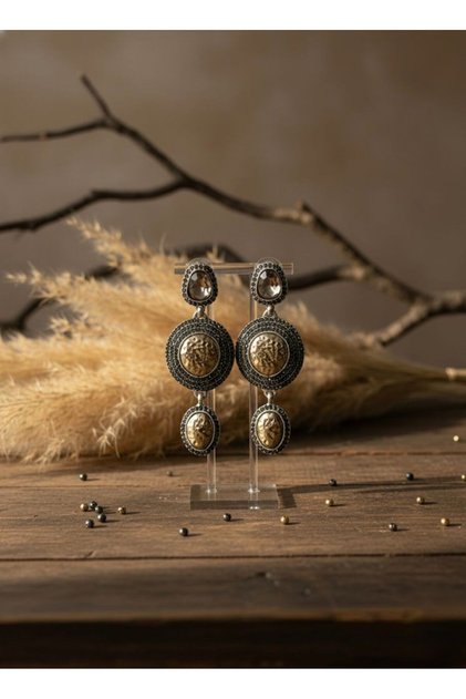 Vintage Stone Detailed Black Silver Color Women's Earrings – Triple Oval Model
