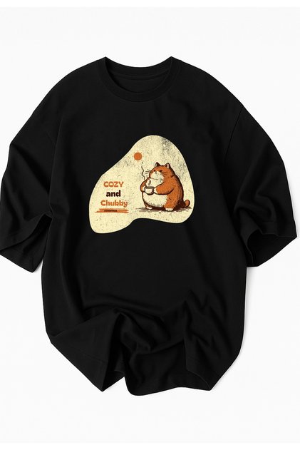 Cozy and Chubby Cute Cat Printed Oversized 100% Cotton- Premium Tshirt