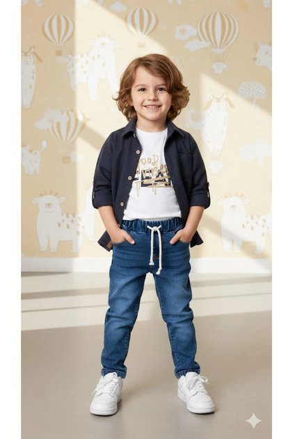 Boys' 3-Piece Outfit Set - Pocketed Shirt, %100 Cotton T-Shirt and Stretch Fabric Elastic-Waist Jeans Pants