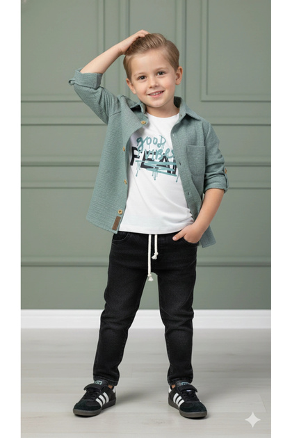 Boys' 3-Piece Outfit Set - Pocketed Shirt, %100 Cotton T-Shirt and Stretch Fabric Elastic-Waist Jeans Pants