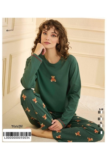 Yeşil Renkli Pamuklu Sıfır Yaka Uzun Kollu Kadın Pijama Takımı