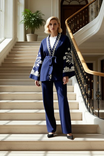Women's Bottom Top Embroidery Detailed Double-Breasted Knitwear Cardigan and Wide Leg Pants Set Comfortable Elegance Sports