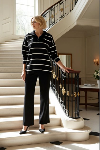 Women's Striped Zipper Collar Low-Sleeve Wide-Fit Knitwear Top and Straight-Leg Pants Set Stylish