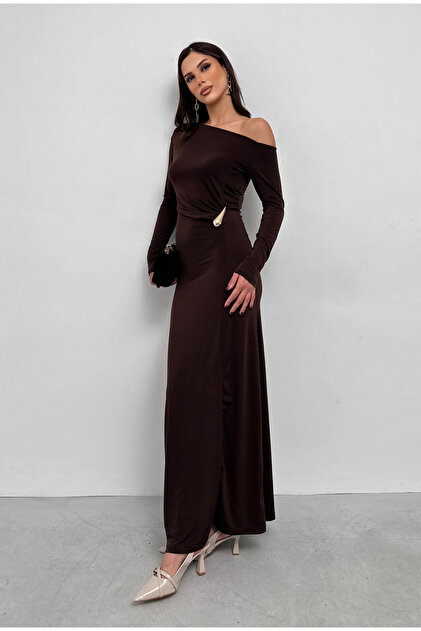 XELA Women's Decollete Necklined Midi Dress with Open Back and