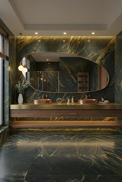Premium Ahşap Çerçeveli Asimetrik Banyo Salon Duvar Aynası - Modern Şık Tasarım