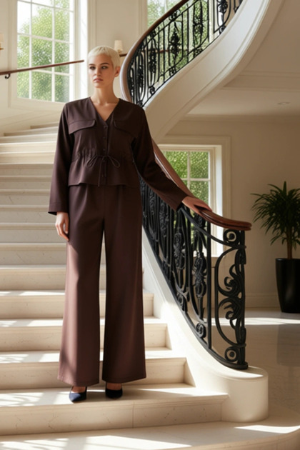 Women's Top and Bottom V-Neck Gathered Waist Blouse and Wide Leg Pants Set Woven Fabric Comfortable Elegance Stylish
