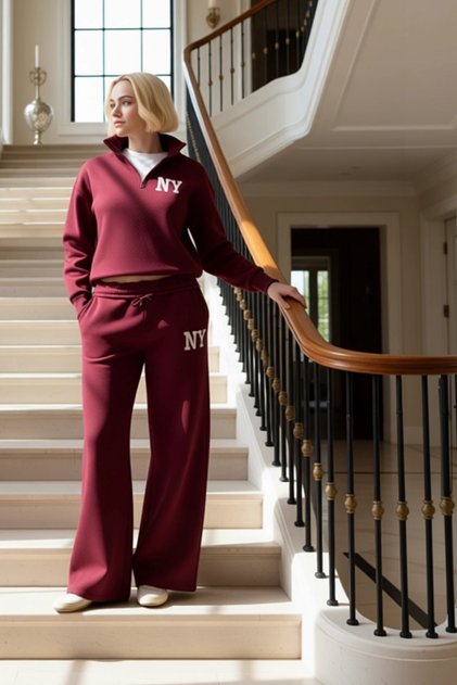 Young Girl's Embroidery Detailed Mock Neck Half Zipper Wideleg Wide Leg Knitted Sweatsuit Set Stylish