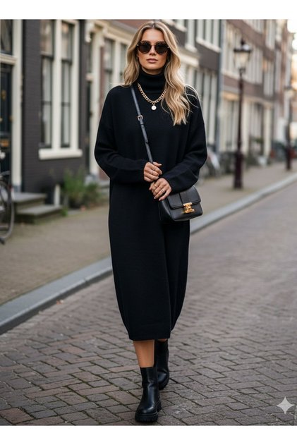 Women's Black Oversized Fisherman Turtleneck Dress Knitwear Sweater