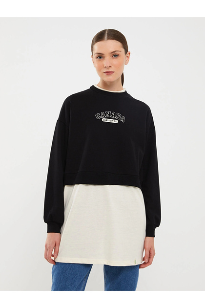 Lcw Modest Black Crew Neck Printed Long Sleeve Oversized Women's Sweatshirt Tunik