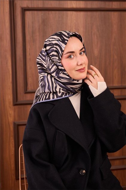 Twill Silk Scarf Navy Blue Geometric Pattern 90X90