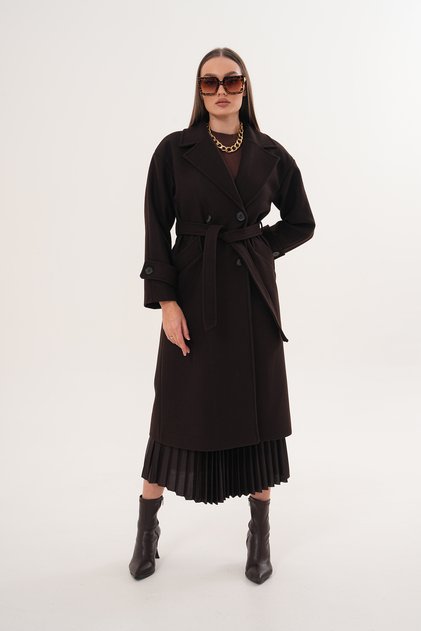 Women's Brown Belted Lined Long Button Detailed Coat New Season Premium Quality Cashmere Coat Overcoat
