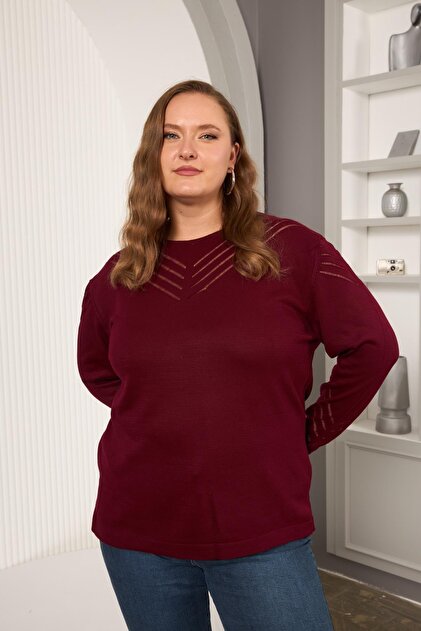 Sleeve and Collar Openwork Patterned Plus Size Knitwear Burgundy