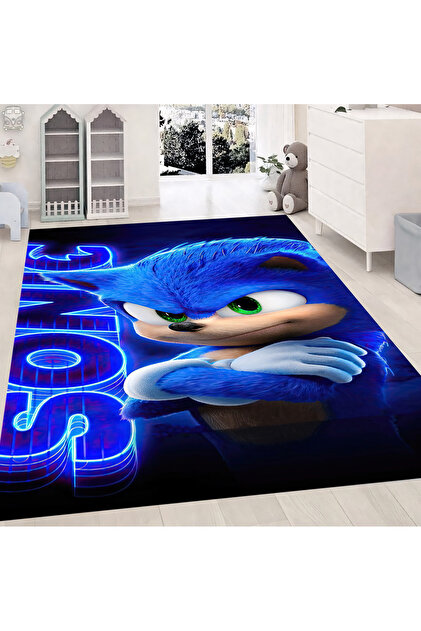 Sonic Desenli Kaymaz Taban Makinede Yıkanabilir Çocuk Gamıng Halısı Yatak Odası Halısı