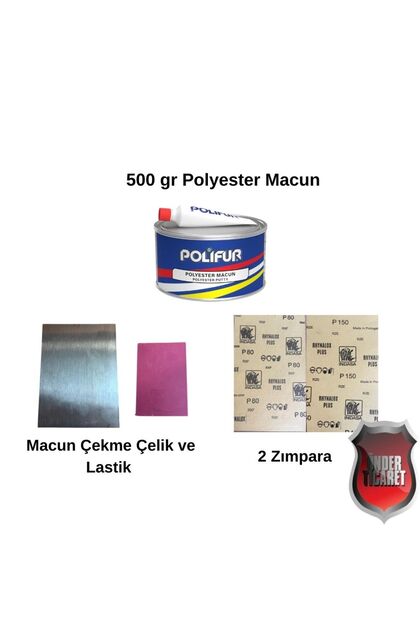 Polyester Çelik Macun Tamir Seti – 500 gr Macun - Çekme Lastiği - Çekme Çeliği - 2 Adet Zımpara