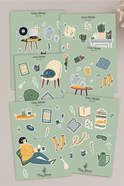 Cozy Themed Sticker Set - 6 Pieces / Agenda, Notebook, Bullet Journal, Scrapbook