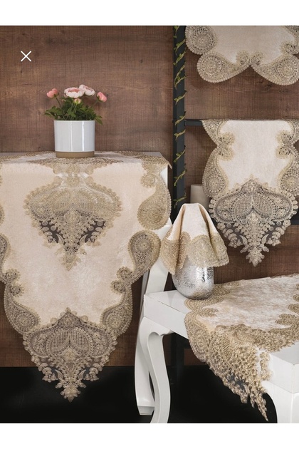 Tina Cappuccino Velvet French Lace 5-Piece Living Room Set Tablecloth Runner Set