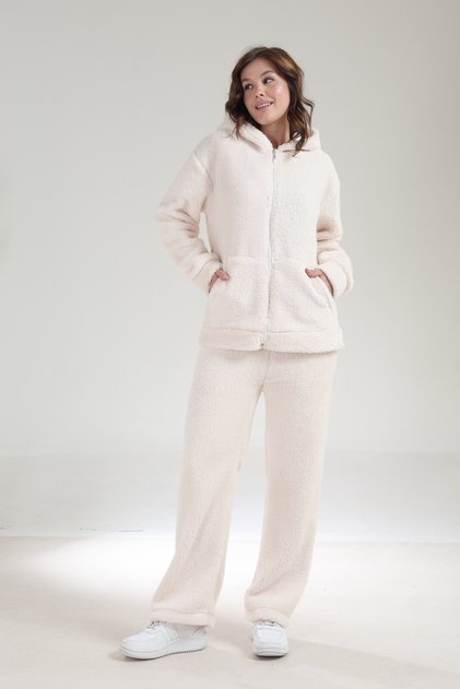 Plush Welsoft Winter Wide-Leg Pants and Kangaroo Pocket Hooded Zip-Up Cardigan Two-Piece Set