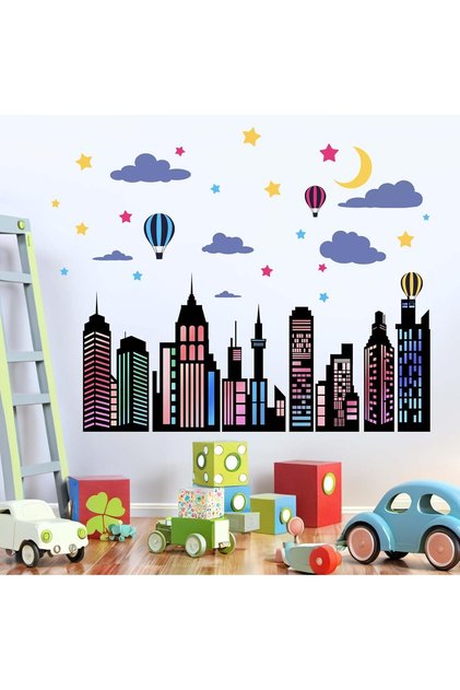 City Wall Stickers for Boys Room - Peel & Stick Colorful Cityscape Decals (Ages 1-12)