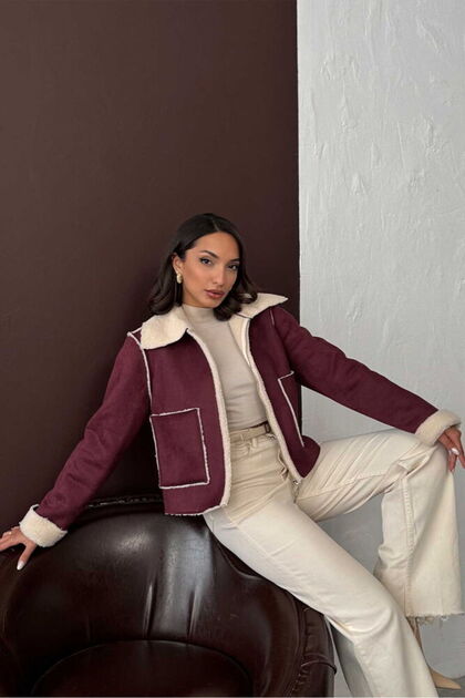 Burgundy Suede Plush Coat | F1856 - Claret Red