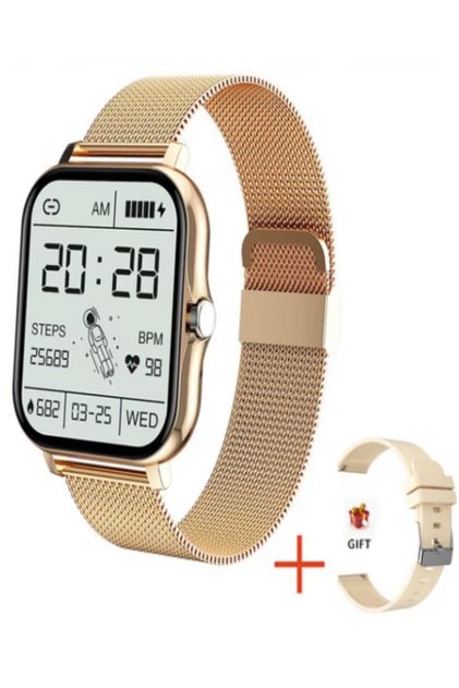 Ceas inteligent sport, 2 curele incluse (inox + silicon), monitorizare puls, notificări, AURIU/GOLD