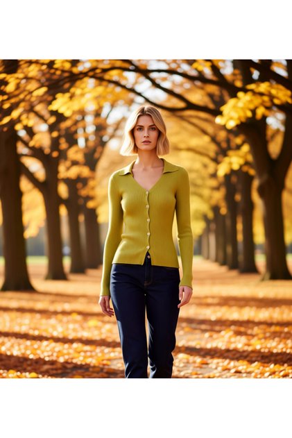 Women's Polo Neck Fitted Long Sleeve Corded Fabric Knitwear Cardigan Casual Elegance and Offering Design