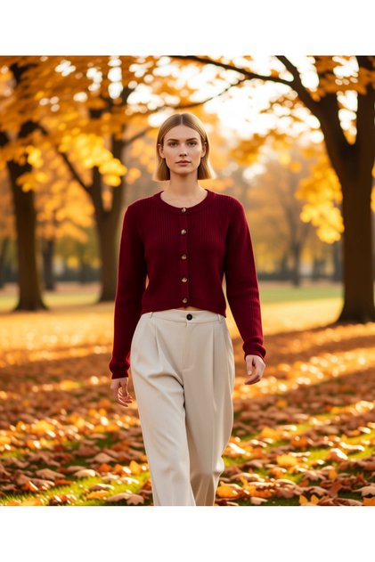 Women's Regular Fit Knit Cardigan, a Comfortable Piece with Long Sleeves and Crew Neck Details