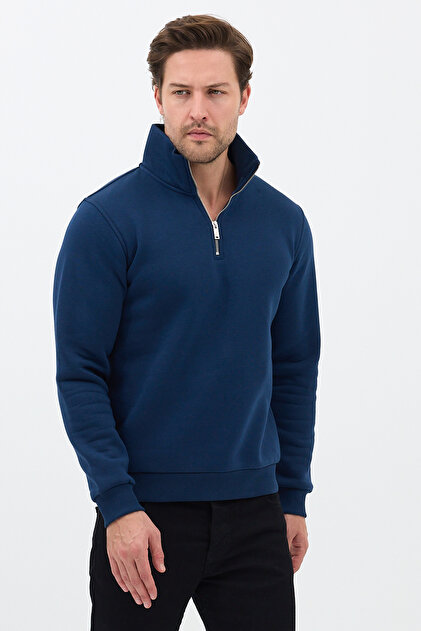 Unisex Relax Fit Comfortable Cut Cotton Half Zipper Stand Collar Sweatshirt