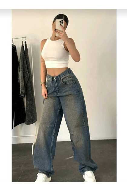 Mavi Bakır Tint Yüksek Bel Toka Detaylı Geniş Paça Salaş Baggy Jean Pantolon