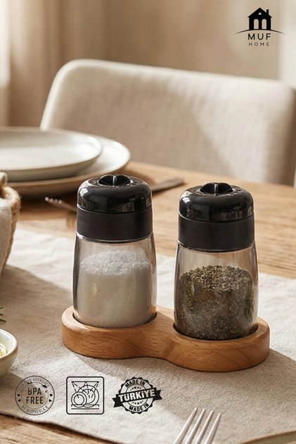 Set of 2 Glass Salt and Pepper Shakers with Wooden Stand - Modern Spice Set - Adjustable Lid